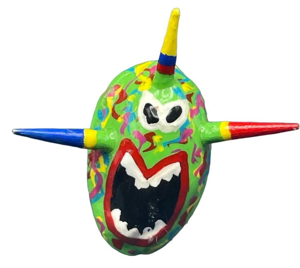 Colorful Figural Mask Nut Shell Pin Artist Arte Nativo Puerto Rico Hand Painted